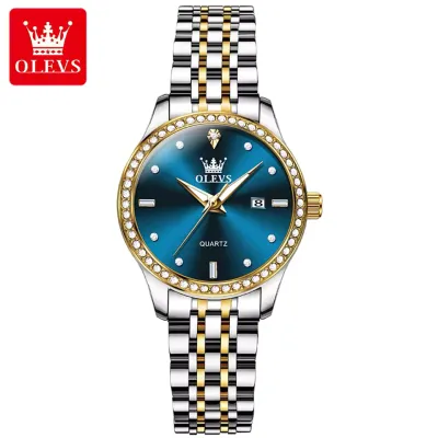 OLEVS 3625 Elegant Diamond Women's Watch Luxury Business Waterproof Stainless Steel Calendar Quartz Watch Exquisite Girls' Watch - RoyalBlue & Silver & Golden